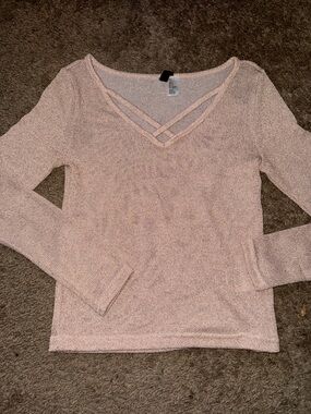 Light Beige Shiny Mesh Crochet Criss Cross Womens S Longsleeve Top H and M